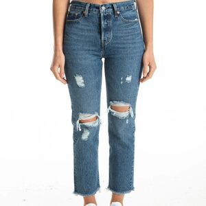 Levi's Premium Wedgie Straight Jeans Distressed Ripped Destroyed Blue Size 28x28